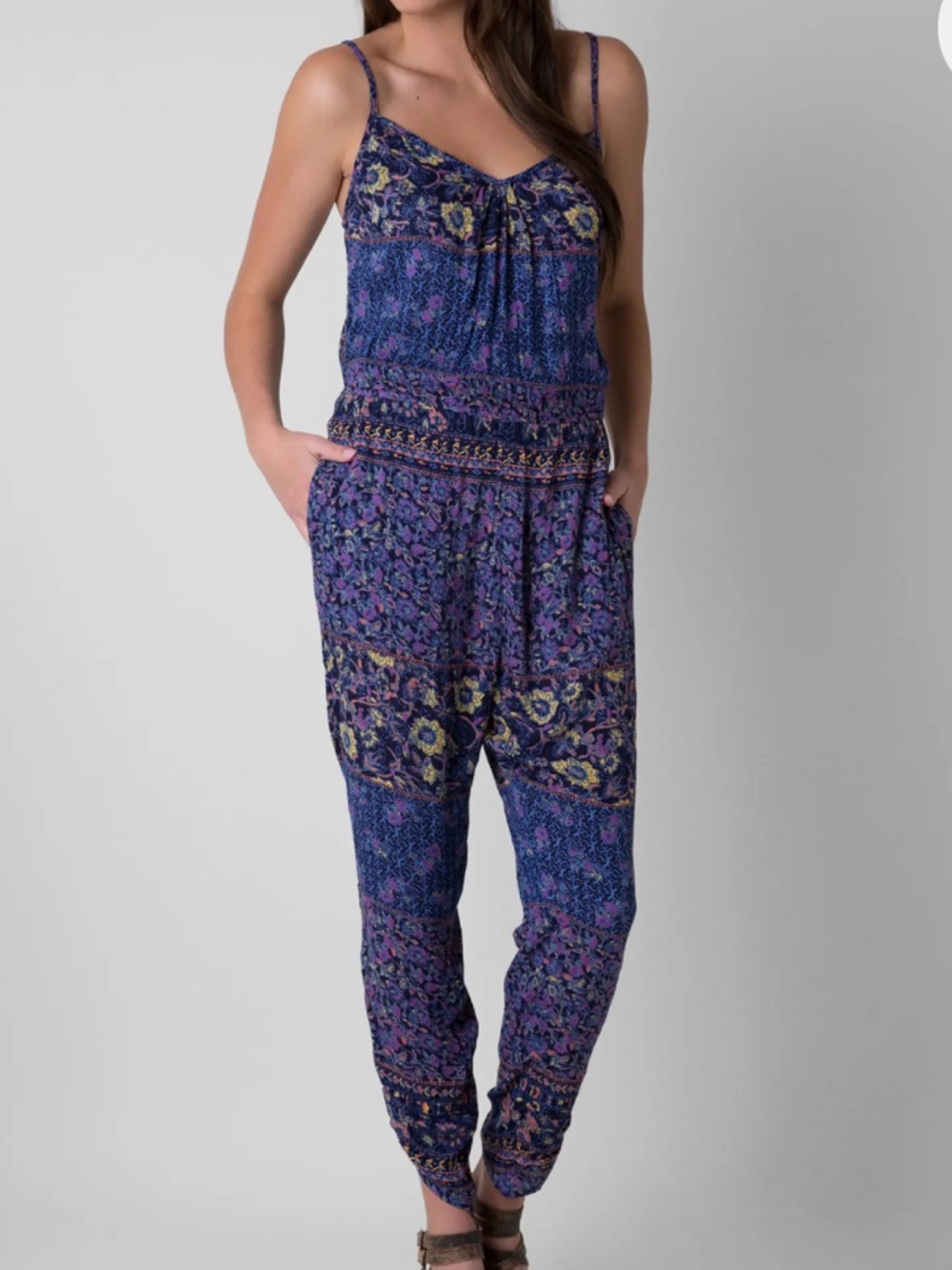 Billabong Take Me Away Jumpsuit Blue Floral V-Neck Boho‎ Size Large NWT